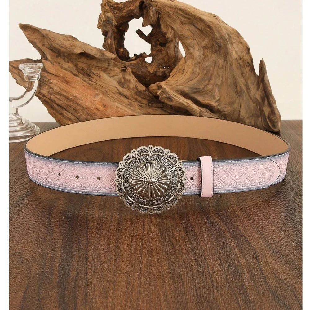 Western Blush Pink Textured Silver Tone Circle Belt